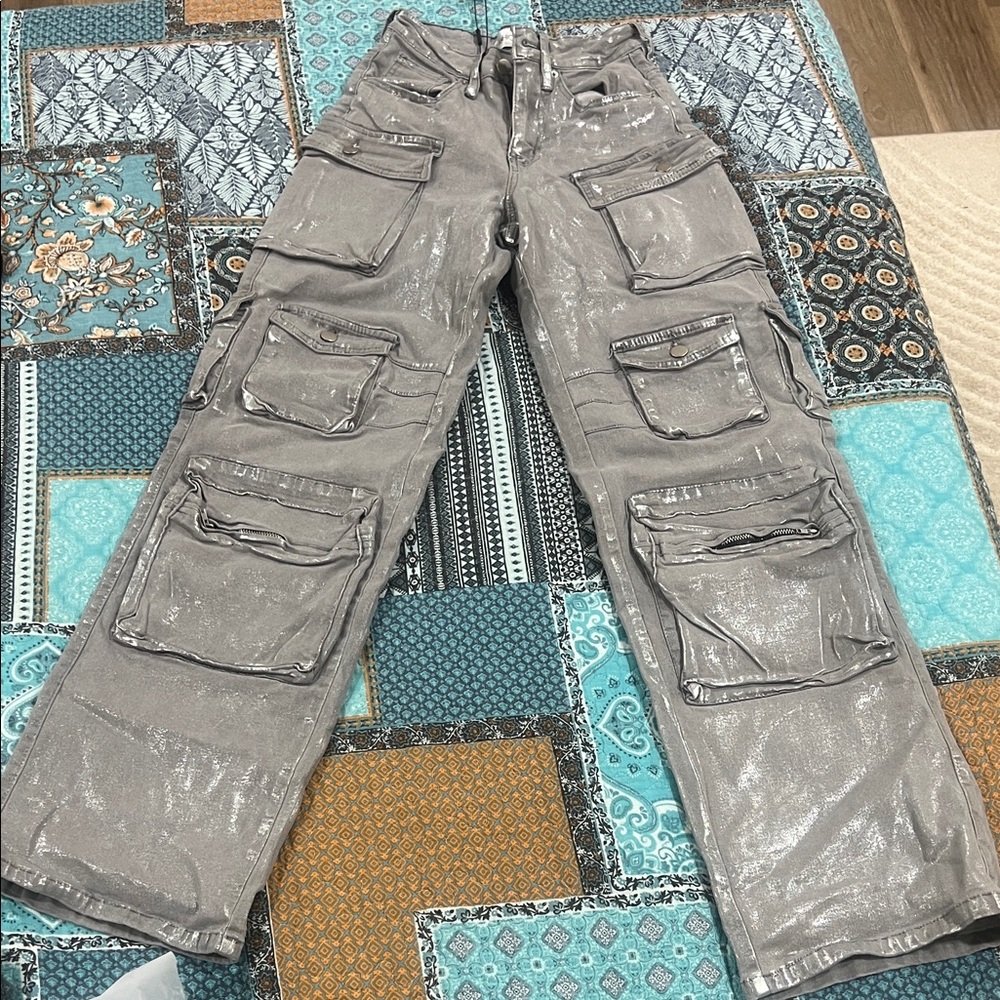 Fashion Nova Shimmering Silver Cargo Pants